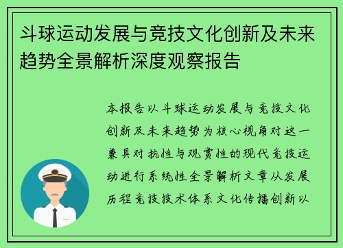 斗球运动发展与竞技文化创新及未来趋势全景解析深度观察报告